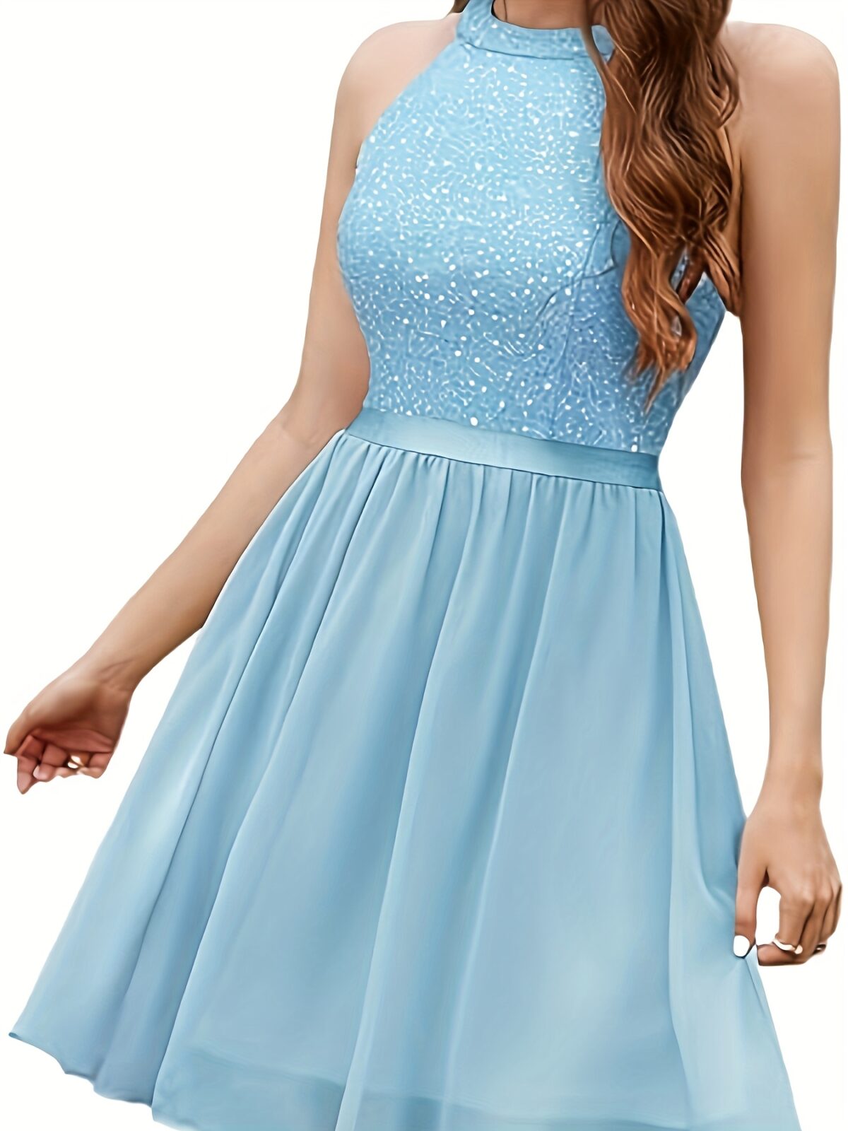 Beige sequin halter neck dress fitted silhouette perfect for weddings and parties