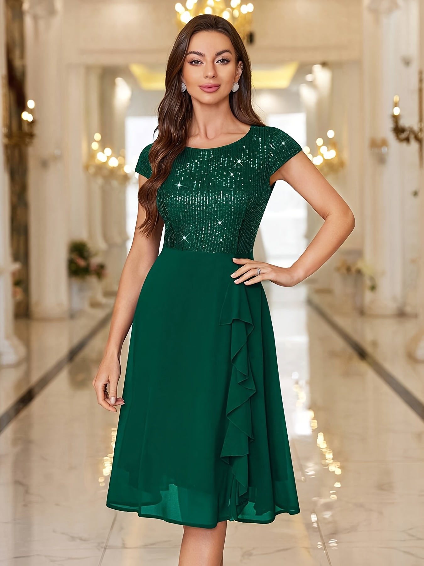 Women's Black Sequin Embellished Bodycon Dress - Middle Eastern-Inspired A-Line Midi Dress with Short Sleeves & Round Neck, Hand Washable Elegant Formal Party Wear, Sequin Party Dress, Galas And Events, No Stretch Material