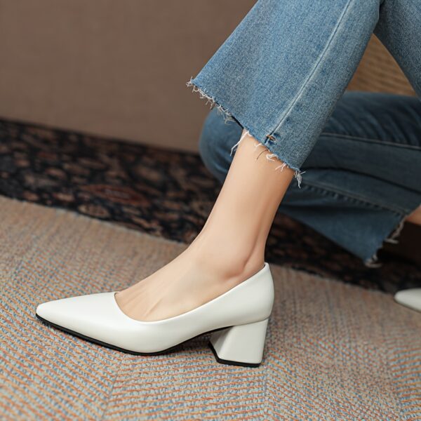 Beige ivory women's pointed toe high heels with block heel, showcasing cushioned insole and non-slip sole.