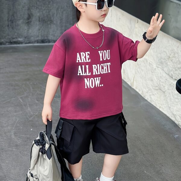 Stylish boys summer outfit alphabet print t shirt and cargo shorts set from Newness Perfect for summer adventures