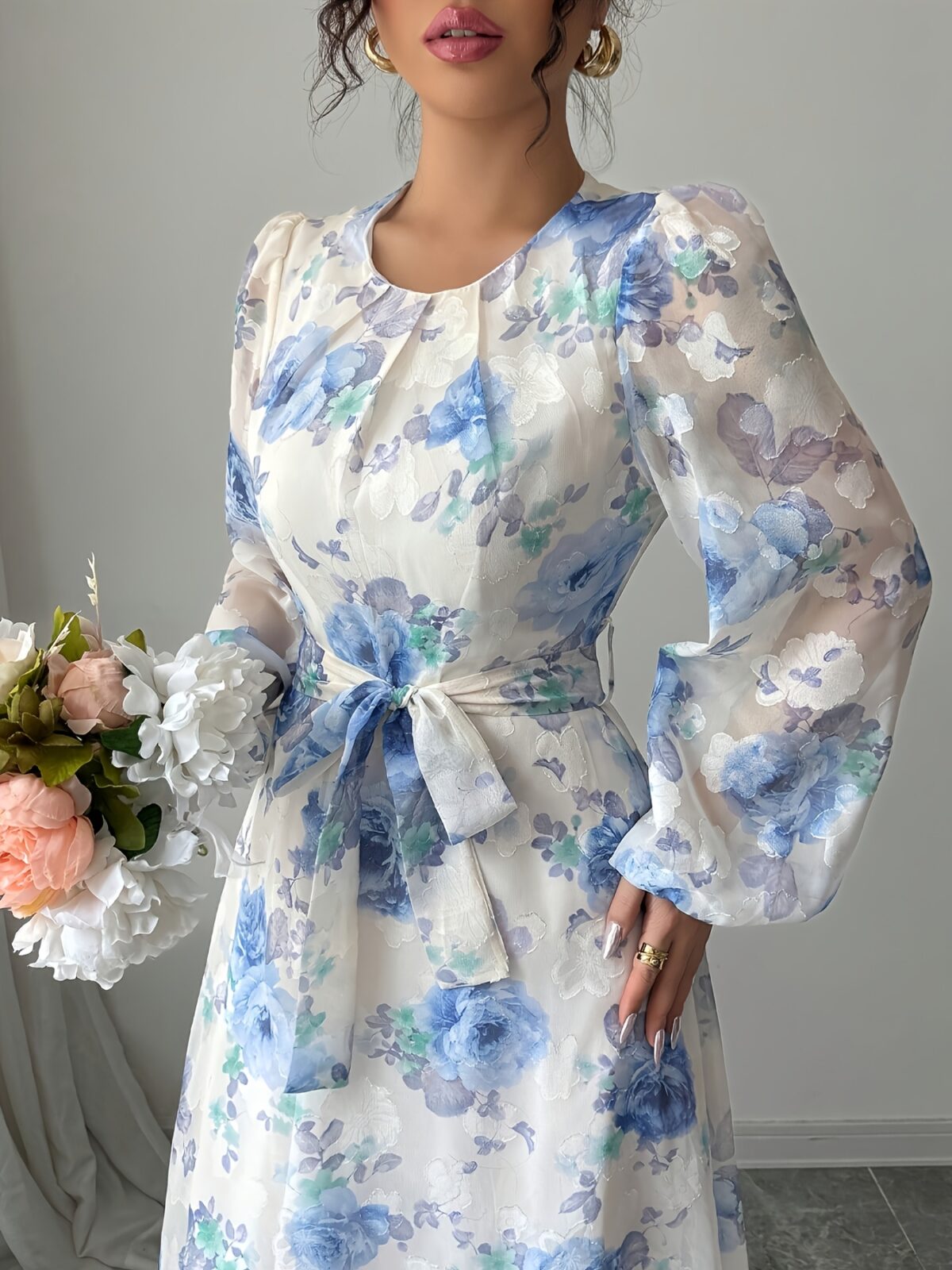 Effortlessly elegant Azure Bloom floral print maxi dress perfect for spring and autumn Features a chic print and flattering silhouette