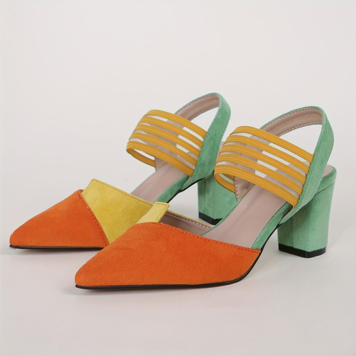 Womens color block chunky heel high heels with pointed toes and back ties
