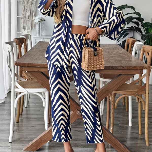 Stylish woman wearing a chic geometric print two piece set perfect for summer and fall The outfit features a flattering silhouette and vibrant print