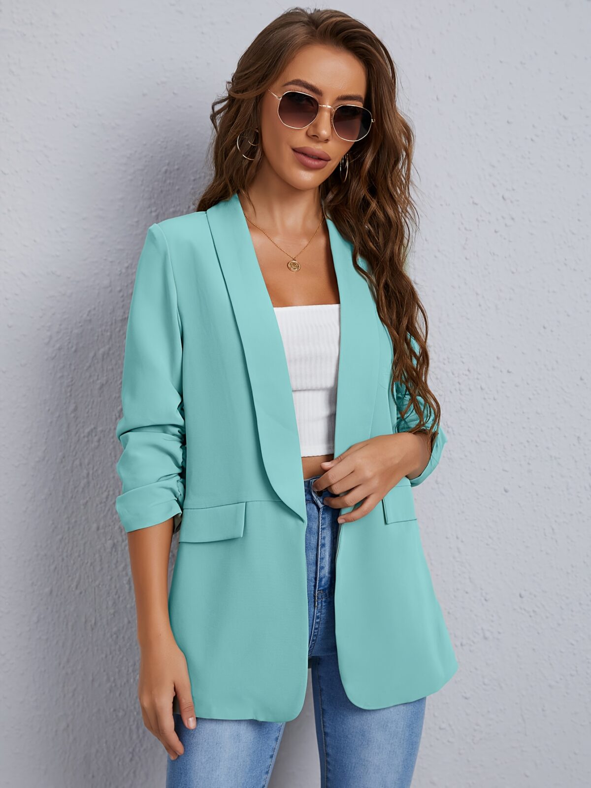 Modern Muse Womens Light Blue Casual Office Blazer a versatile light blue blazer perfect for the office or casual wear Flattering silhouette Model wearing a light blue blazer