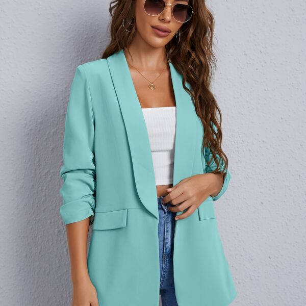 Modern Muse Womens Light Blue Casual Office Blazer a versatile light blue blazer perfect for the office or casual wear Flattering silhouette Model wearing a light blue blazer