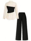 Model wearing the Newness Metropolitan Chic Two Piece Pant Set a stylish and comfortable pant set perfect for the office or everyday wear The set includes a matching top and pants in a versatile color