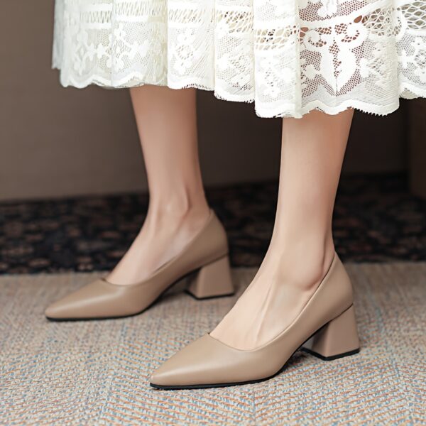 Beige ivory women's pointed toe high heels with block heel, showcasing cushioned insole and non-slip sole.