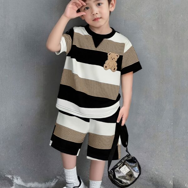 Little Champ Boys Color Block Set in spring/summer colors. A trendy outfit featuring a bear embroidery top and contrasting color plaid shorts, perfect for playtime. Ideal for boys over 3 years.