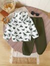 Stylish boys dinosaur print hooded zipper jacket and pants set perfect for fall and winter outdoor adventures The trendy and comfortable outfit features a fun dino print
