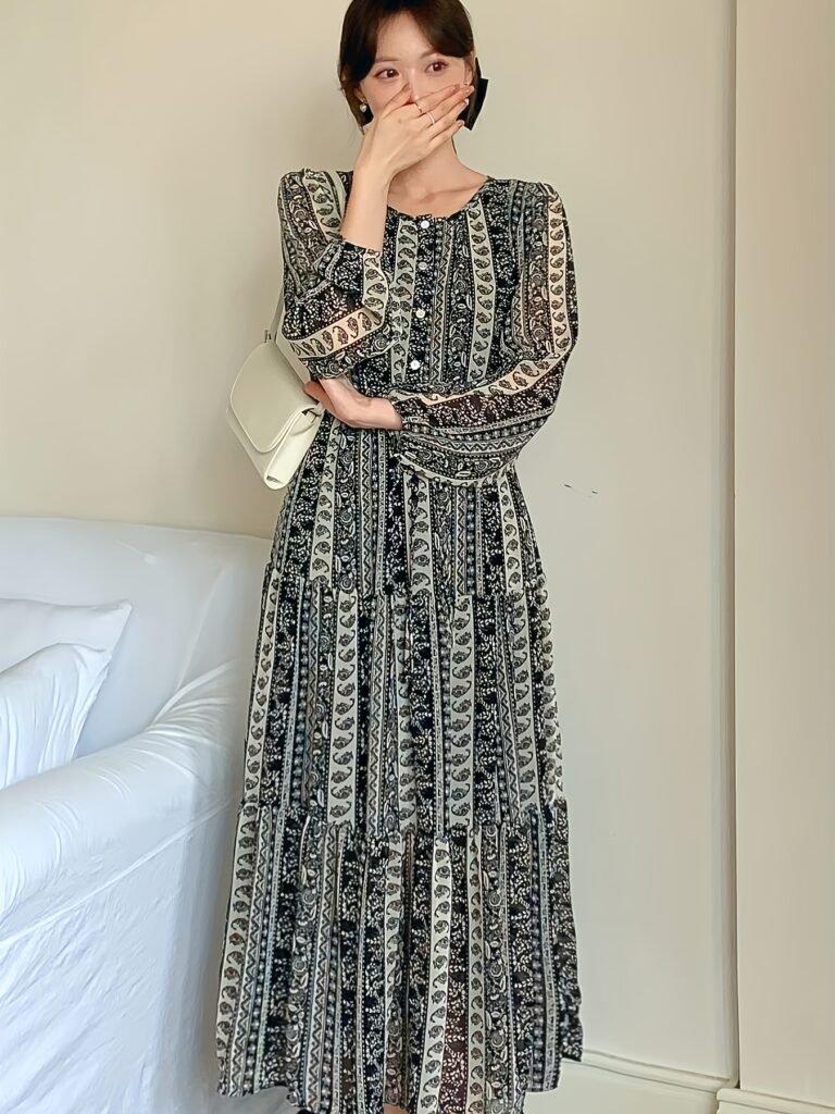 Azure Bloom French-Inspired Floral Print Midi Dress in a slim fit with a flowy skirt, shown on a model.