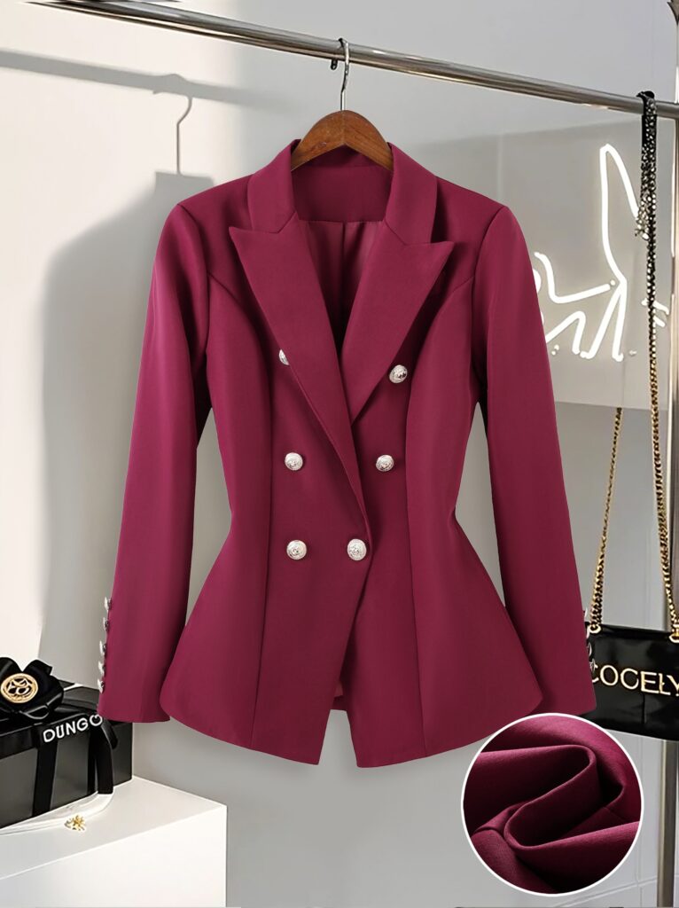 Crimson Chic: Women's Red Double-Breasted Blazer. A stylish slim-fit red blazer featuring long sleeves and eye-catching white buttons.