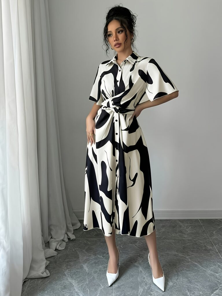 Model wearing the Newness Monochrome Muse Abstract Print Midi Dress, a chic and sophisticated midi dress perfect for summer. The dress features a stylish abstract print.