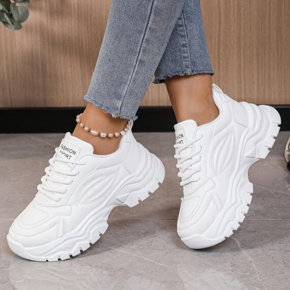 White womens chunky sneakers with geometric embroidery thick sole and lace up closure