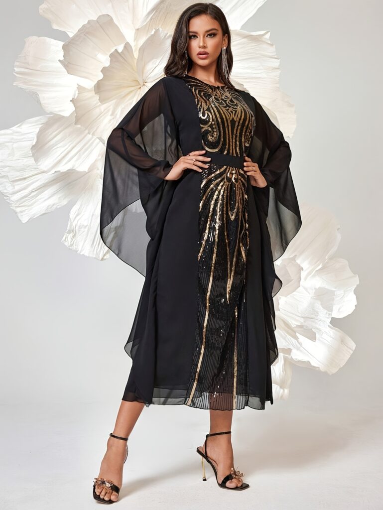 Midnight Sparkle: Women's elegant black sequin-embellished maxi dress with batwing sleeves. Perfect for parties and casual outings.