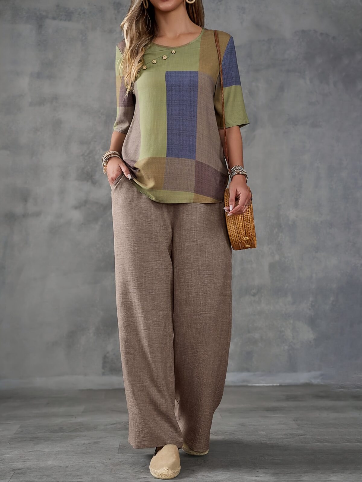 Stylish Cairo Chic Patchwork Casual Suit by Newness A modern and chic patchwork design perfect for spring and summer