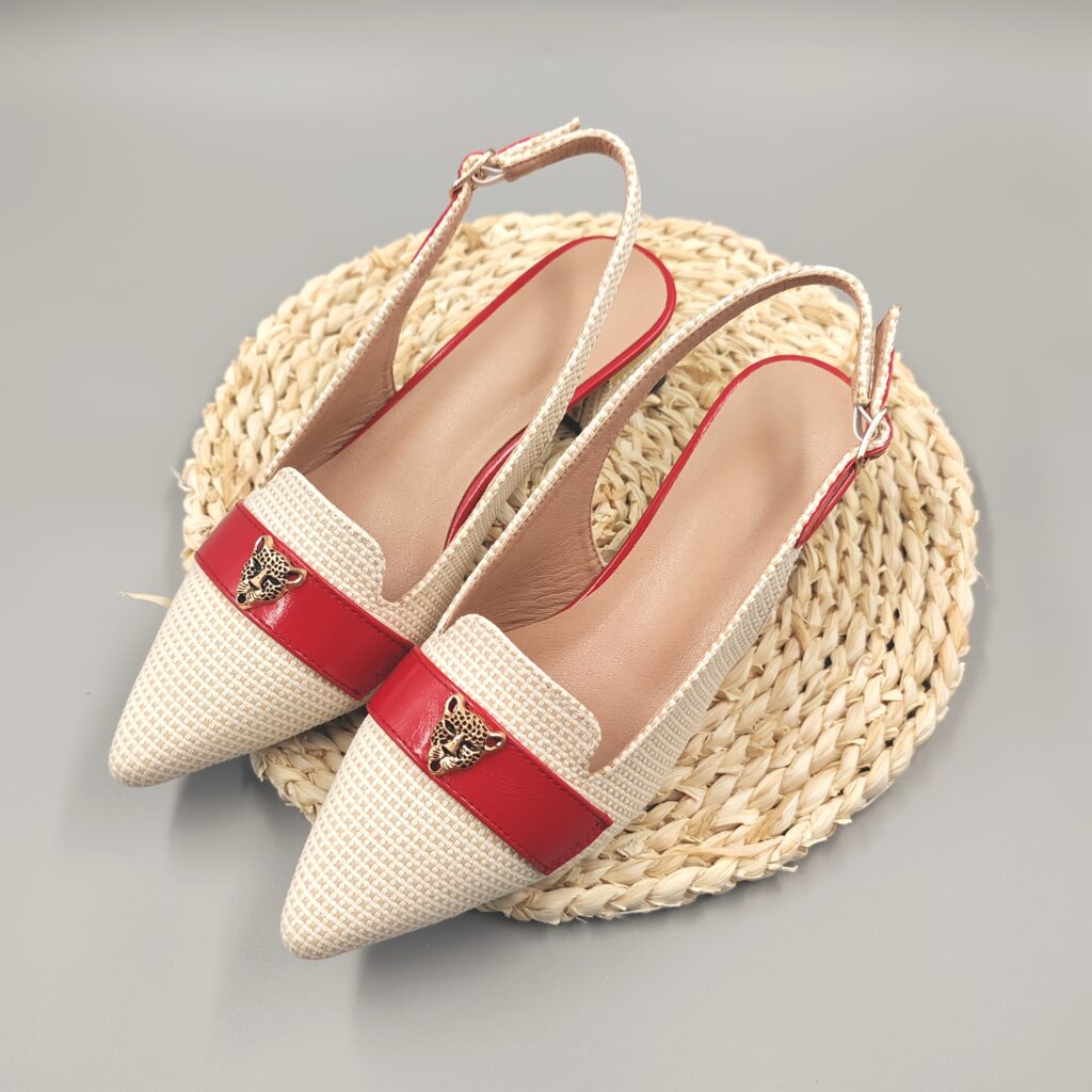 Newness Leopard Luxe Flax Slingback Heels: Flax slingback heels with a leopard clasp, pointed toe, and block heel. Perfect for adding all-season elegance to any outfit.