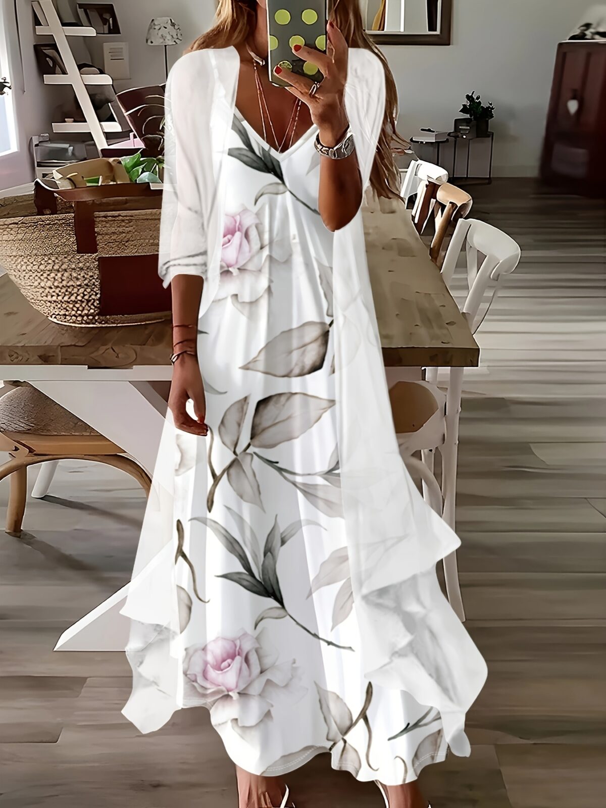Effortlessly chic Casablanca Floral V Neck Dress Set in a breezy silhouette perfect for spring vacations Features a flattering V neckline and beautiful floral print