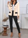The Newness Milan Patchwork Casual Suit in a chic modern design perfect for spring and fall The image shows a full body view of the suit highlighting the unique patchwork details