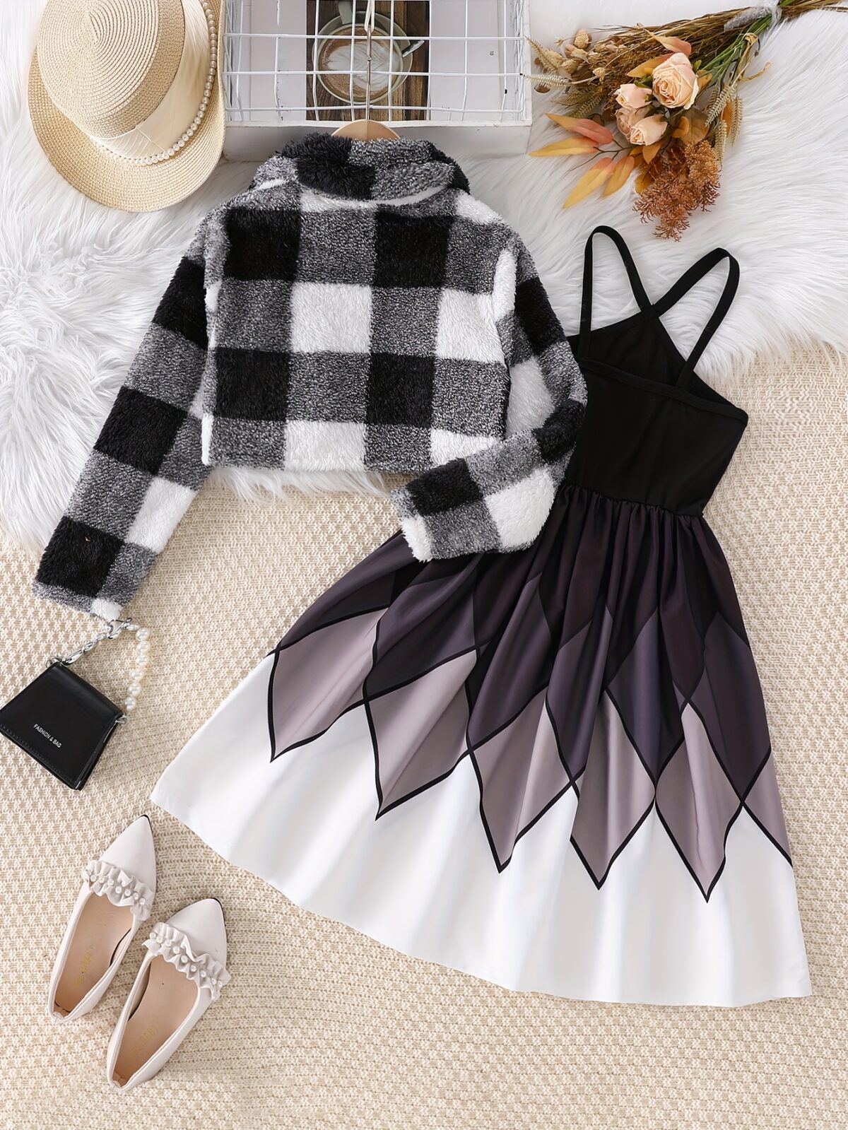 Stylish woman wearing a comfortable and chic plaid dress set ideal for autumn outings