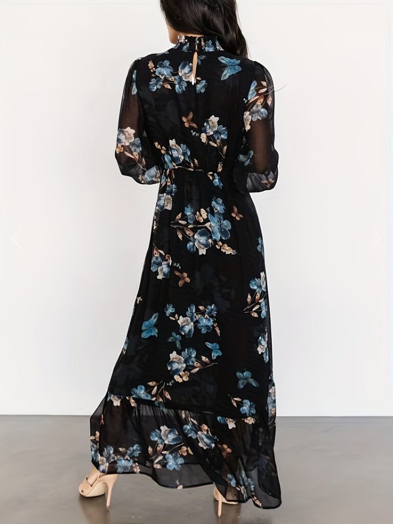 Model wearing a flowy floral print dress, embodying Parisian chic style.