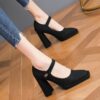 Womens white Mary Jane shoes with a golden buckle square toe and block heel Comfortable rubber sole