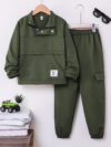 Stylish Spring Soldier Boys Military Set in olive green featuring a comfortable half zip top and elastic waistband pants Perfect for spring and autumn