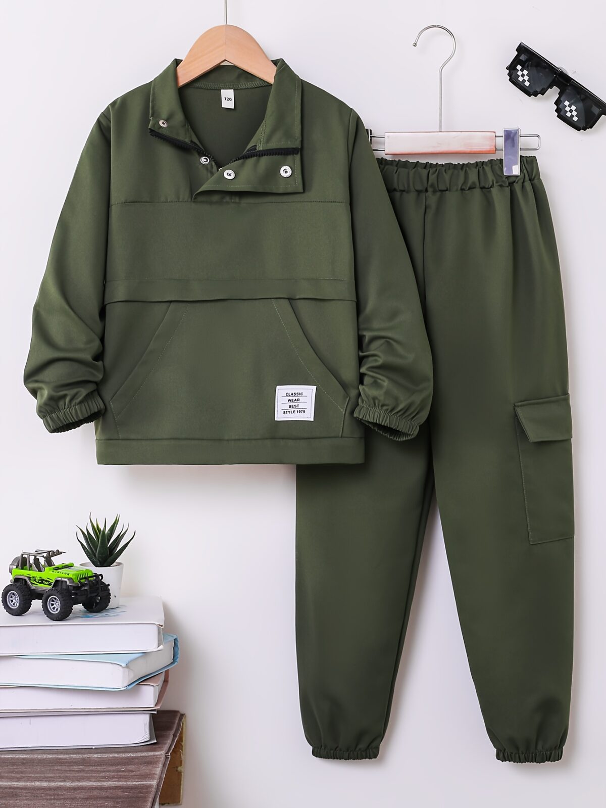Stylish Spring Soldier Boys Military Set in olive green featuring a comfortable half zip top and elastic waistband pants Perfect for spring and autumn