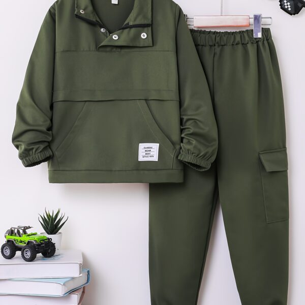 Stylish Spring Soldier Boys Military Set in olive green featuring a comfortable half zip top and elastic waistband pants Perfect for spring and autumn