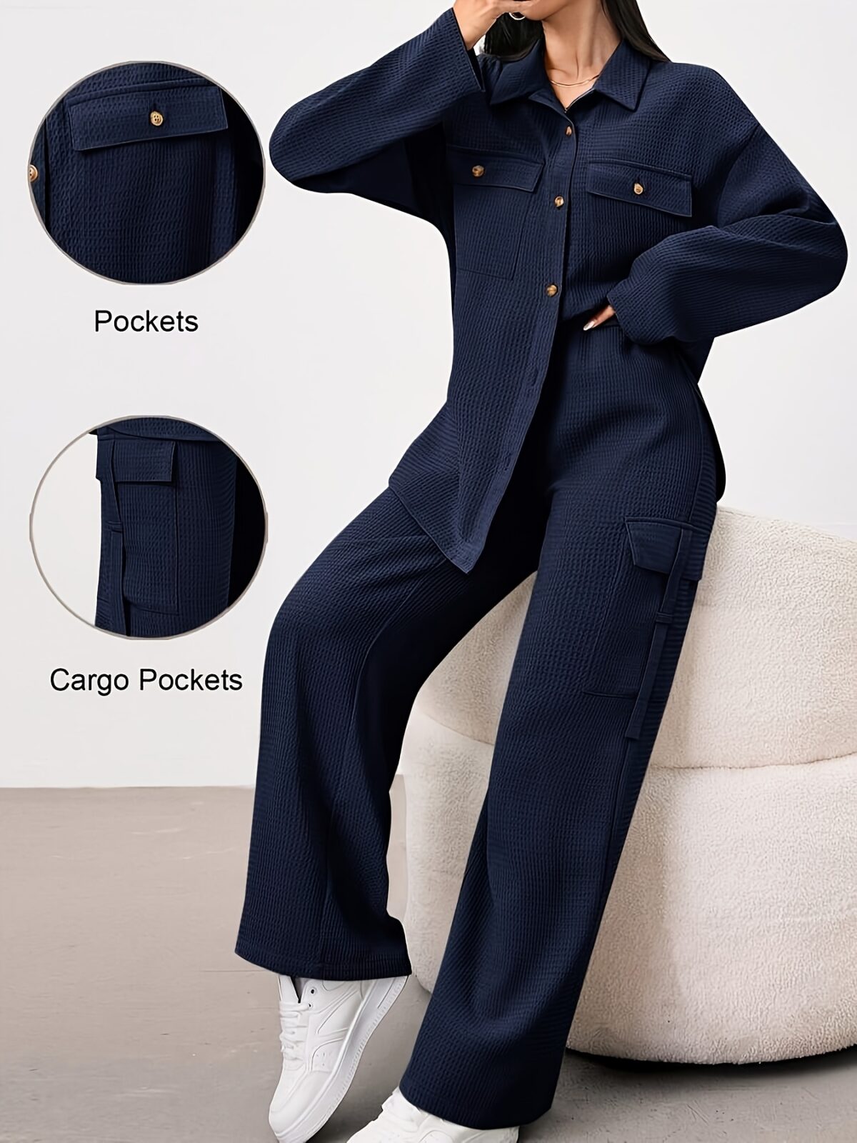 Beige Minimalist Casual Two Piece Set A stylish and comfortable beige jacket and pants set perfect for fall and winter Model showcases effortless chic