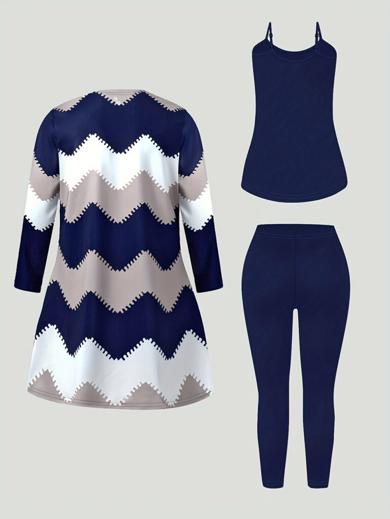 The Newness Riviera Chevron Knit Set: A stylish three-piece outfit in a flattering chevron knit pattern. Perfect for any occasion, this versatile set effortlessly blends chic style with ultimate comfort.