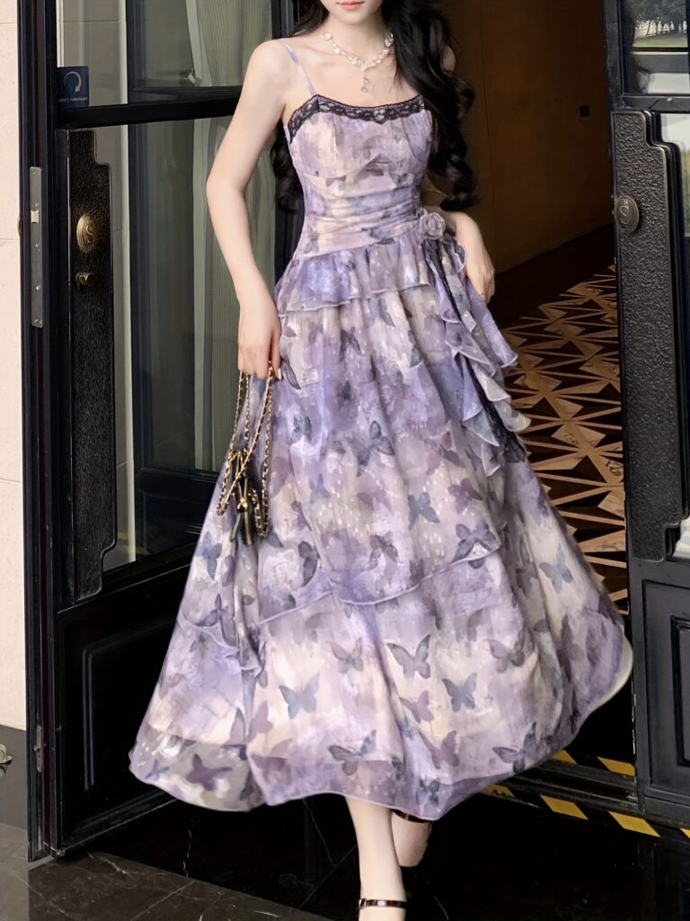 Lilac maxi dress with butterfly print, elegant and flowy, model posing gracefully.