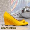 Newness Sunshine Stroll Glossy Yellow Wedge Bow Heels Step into sunshine with these elegant yellow wedge heels featuring a glossy finish and charming bow detail Perfect for adding a touch of summery sophistication to any outfit