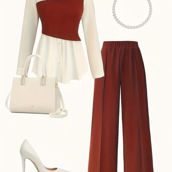 Model wearing the Newness Metropolitan Chic Two-Piece Pant Set, a stylish and comfortable pant set perfect for the office or everyday wear. The set includes a matching top and pants in a versatile color.