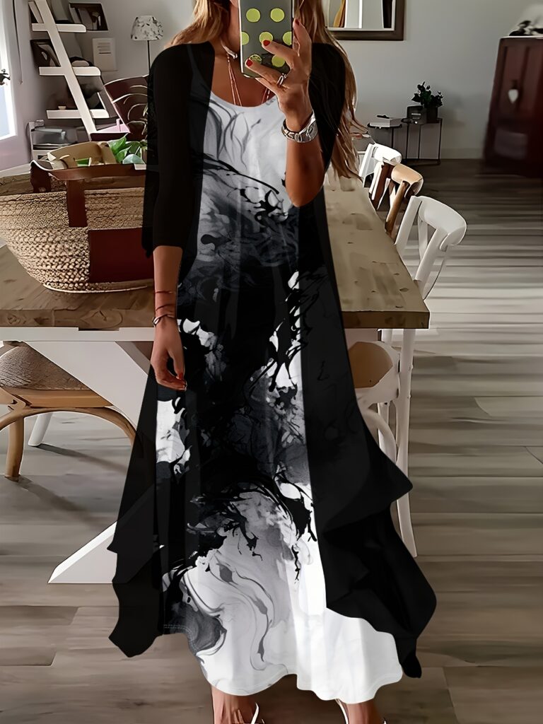 Stylish monochrome abstract print dress set, perfect for spring and fall, from Newness.