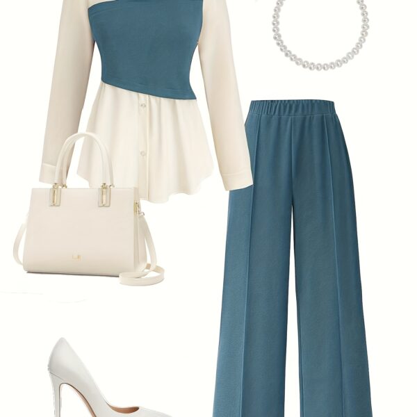 Model wearing the Newness Metropolitan Chic Two-Piece Pant Set, a stylish and comfortable pant set perfect for the office or everyday wear. The set includes a matching top and pants in a versatile color.