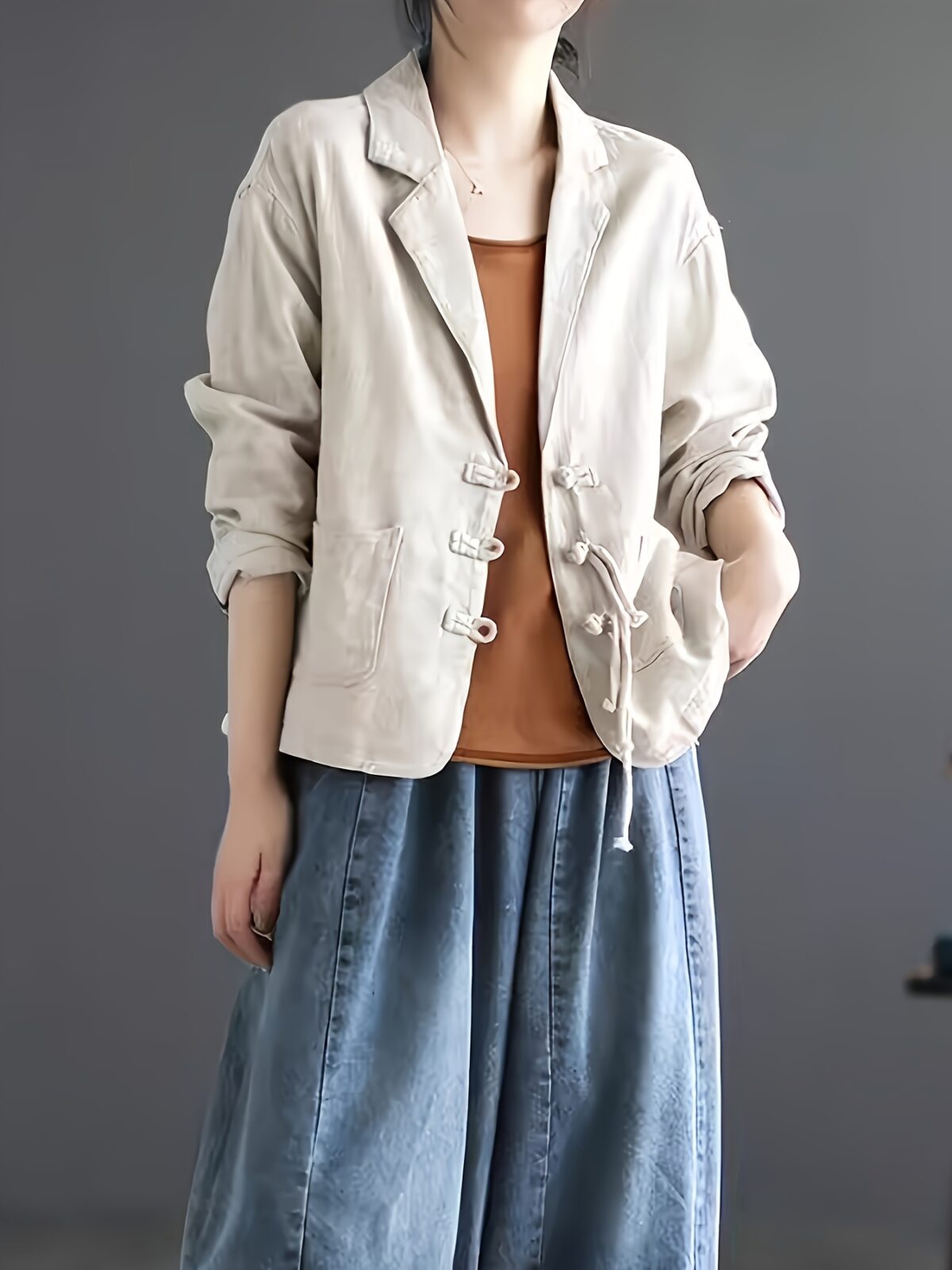Stylish Desert Bloom womens beige blazer relaxed fit Asian inspired details perfect for office or casual wear