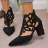 Newness Summer Breeze Hollow Block Heel Pumps Chic modern design in a nude color showcasing the stylish cut out detailing and comfortable block heel