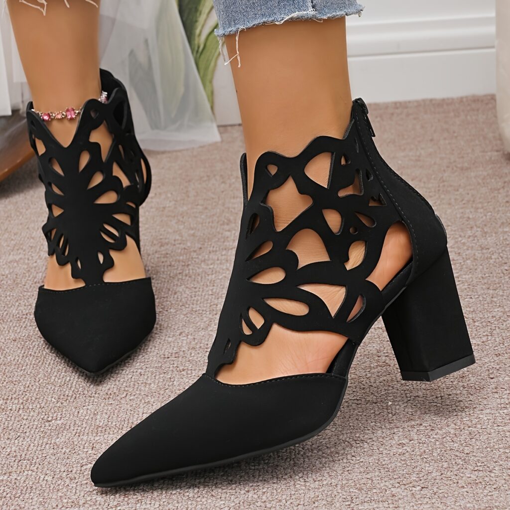 Newness Summer Breeze Hollow Block Heel Pumps: Chic, modern design in a nude color, showcasing the stylish cut-out detailing and comfortable block heel.