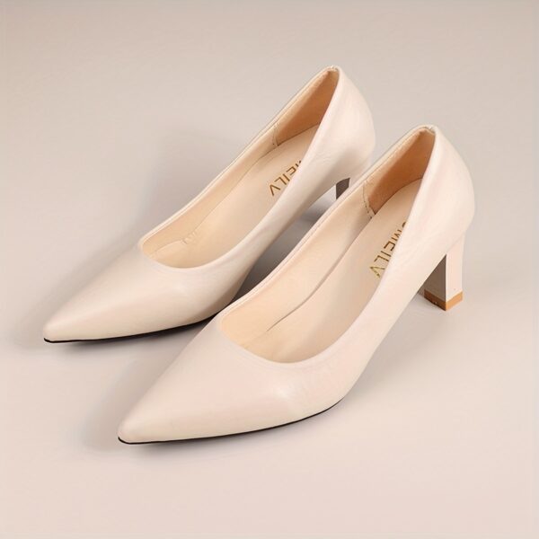 Newness The Executive Pointed Toe Block Heel Pumps in black leather showcasing the comfortable block heel and elegant pointed toe Perfect for the office or a night out