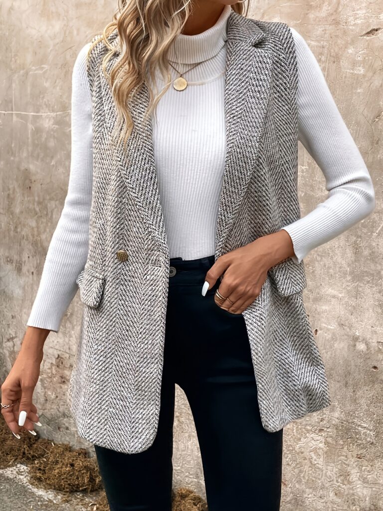 Flattering H-line silhouette of the Newness women's sleeveless double-breasted blazer jacket in versatile beige, ideal for layering over dresses or tops for both casual and formal occasions.