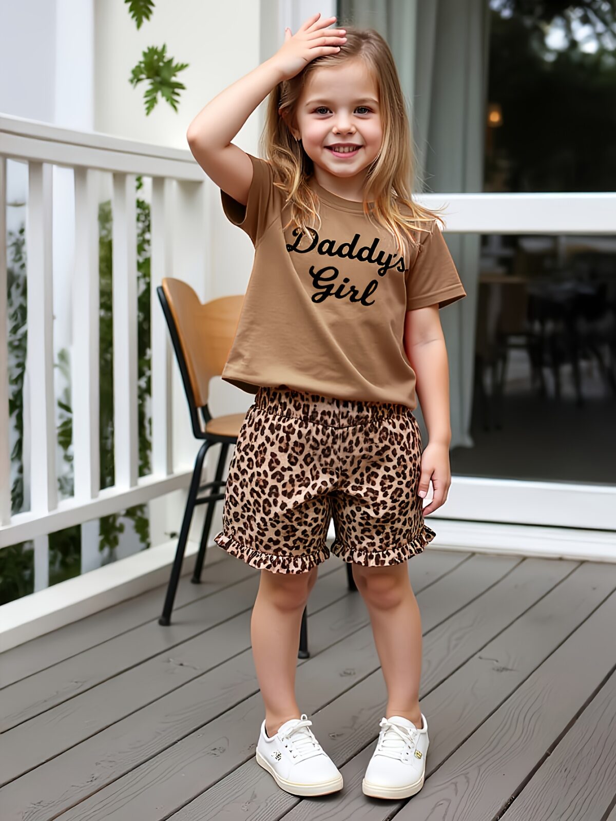 Adorable little girls summer outfit featuring a chic leopard print and a playful Daddys Girl graphic
