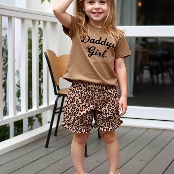Adorable little girls summer outfit featuring a chic leopard print and a playful Daddys Girl graphic