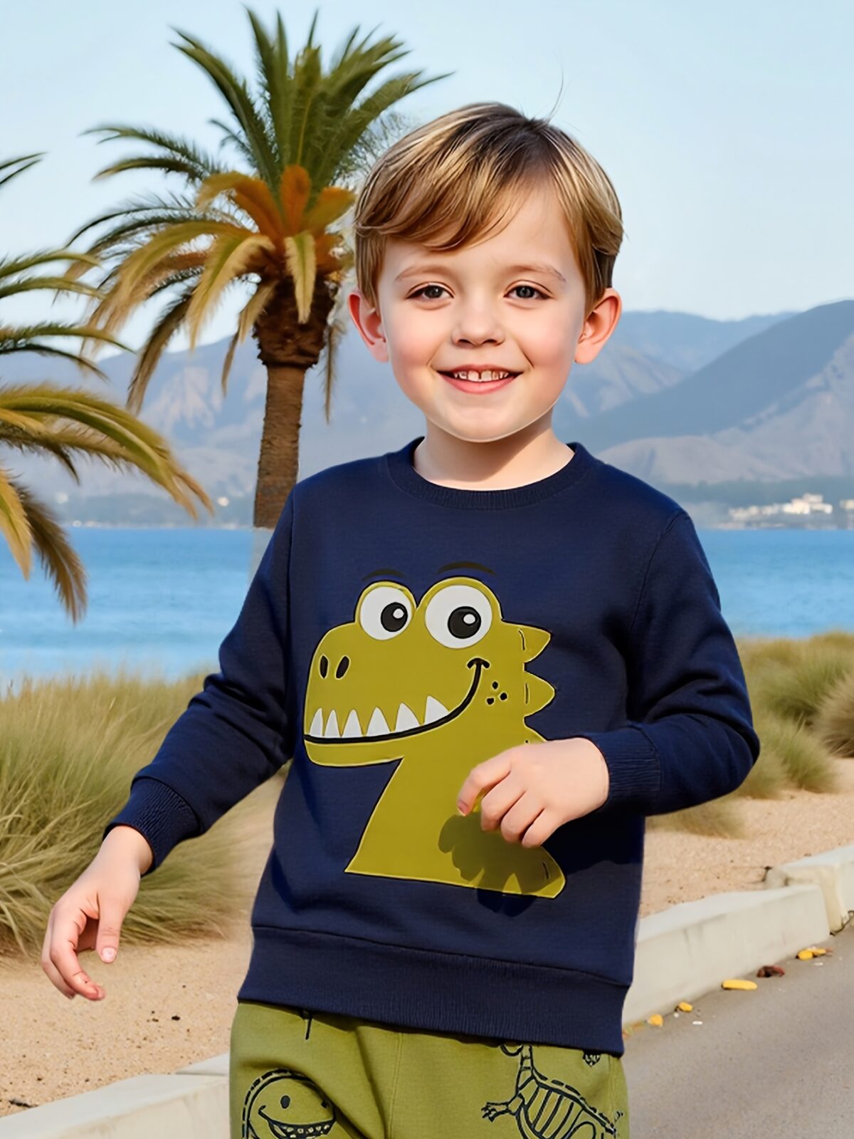 Stylish boys dinosaur print sweatshirt and pants set perfect for active play Features a vibrant dinosaur print on a comfortable versatile outfit suitable for school playtime and everyday wear Ages 4 7