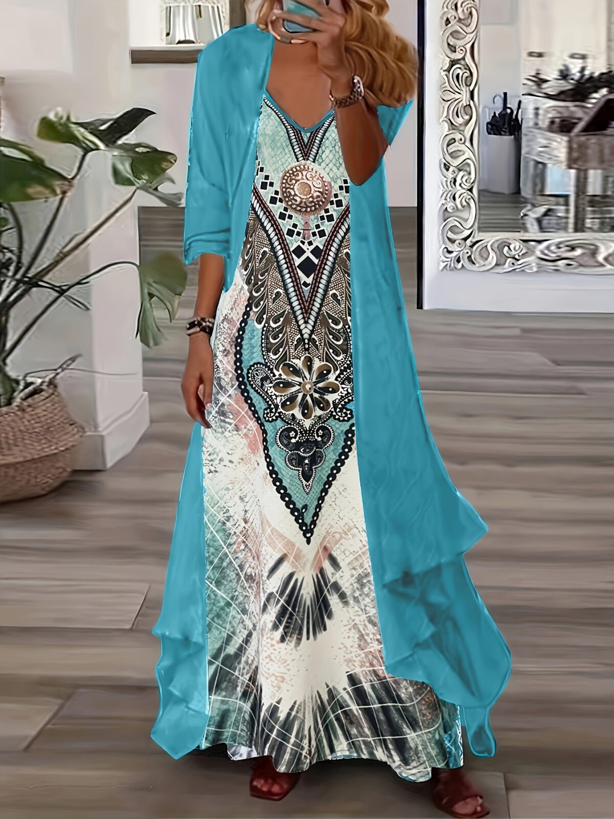 Effortlessly chic Casablanca Tribal Print Maxi Dress Set from Newness perfect for vacations or casual dates Features a flowing maxi dress with a vibrant tribal print