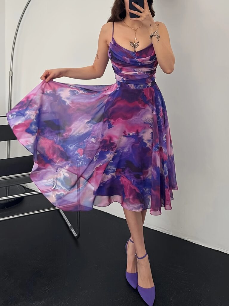 Model wearing the Newness Dusk Rhapsody Tie-Dye Mini Dress, a chic and vibrant mini dress perfect for summer parties and casual outings.