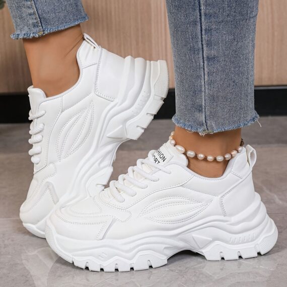 White womens chunky sneakers with geometric embroidery thick sole and lace up closure