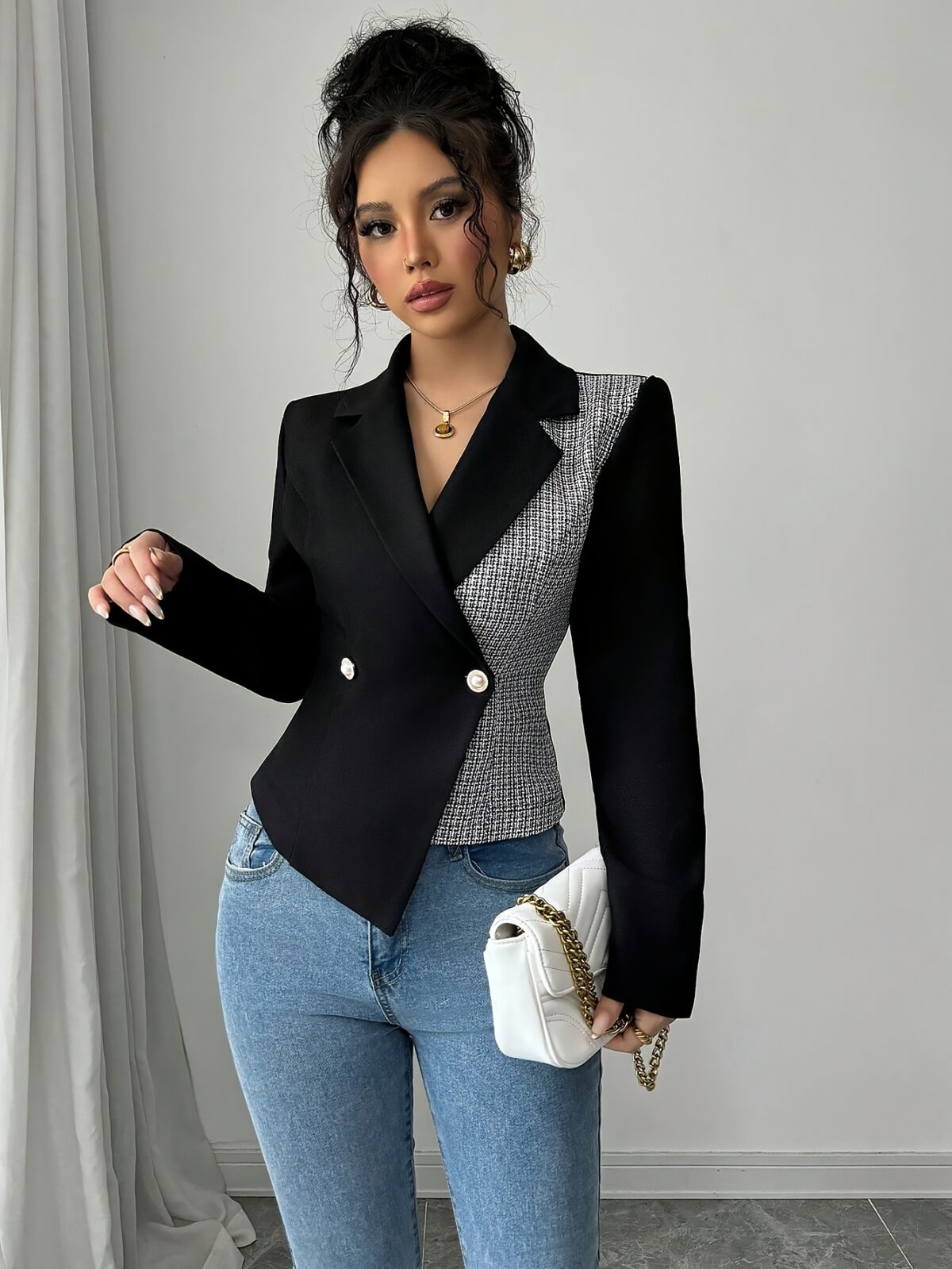 Womens Executive Chic Slim Fit Elegant Blazer in versatile color perfect for work or casual wear Close up showcasing the elegant design and slim fit