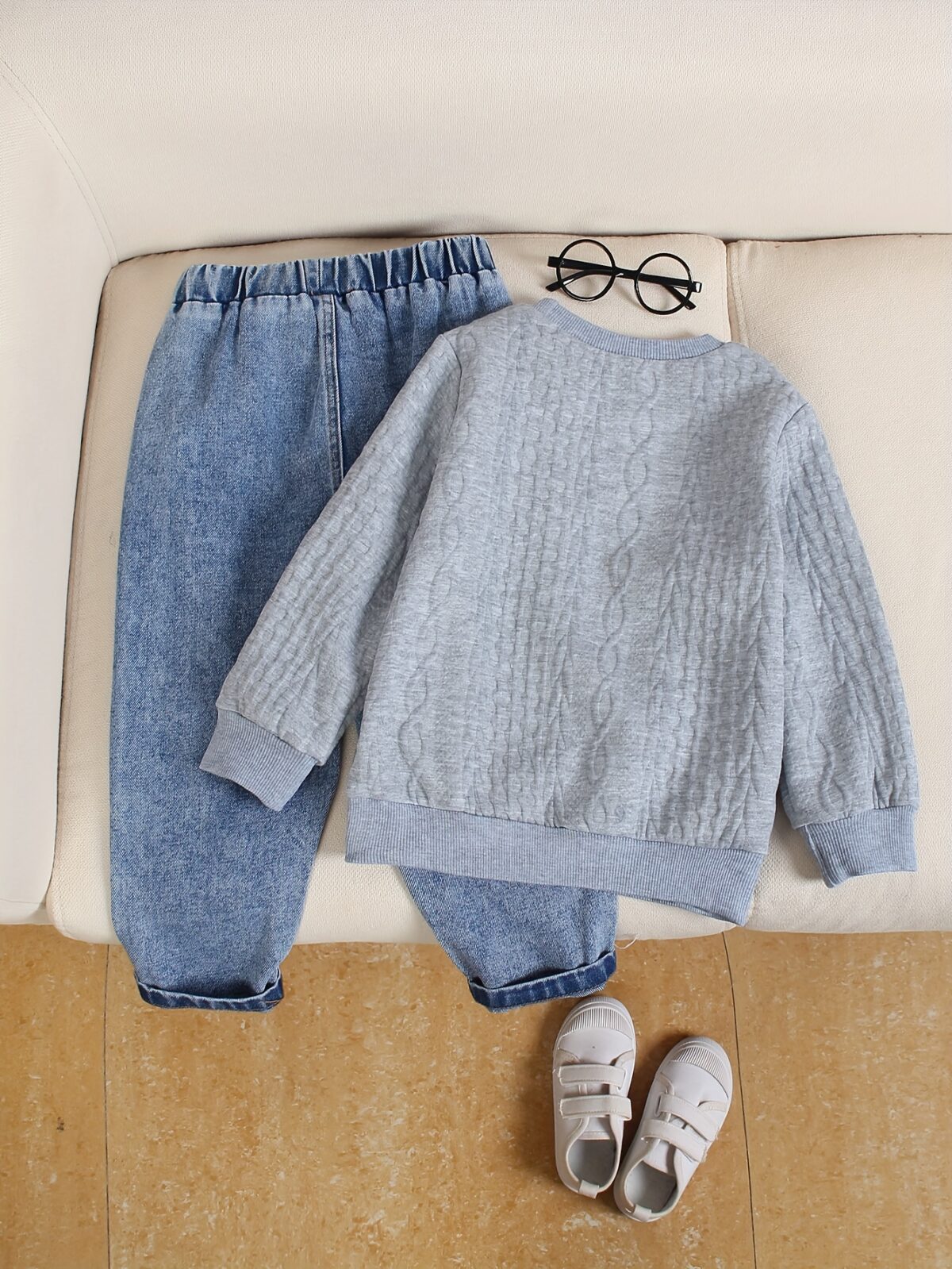 Stylish boys outfit long sleeve solid color top and ripped faux denim jeans perfect for spring and fall