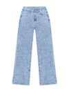 Model wearing Newness Dubai Breeze Wide Leg Jeans a light wash high waisted pair of wide leg jeans