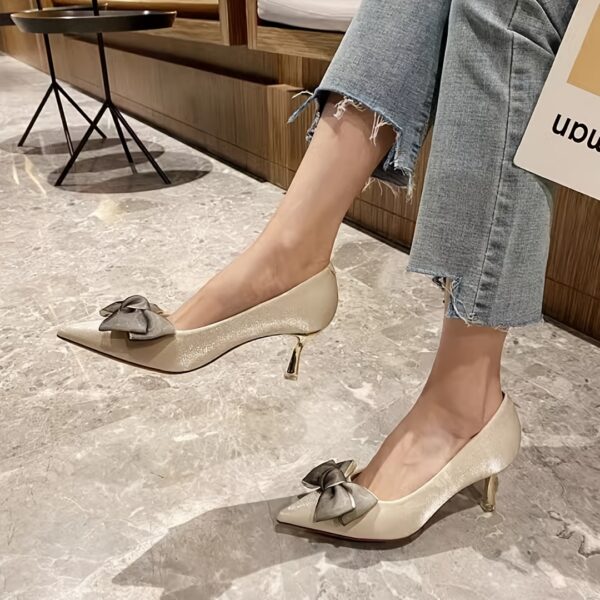 Womens golden stiletto heels with pointed toe elegant bow and comfortable cushioned insole